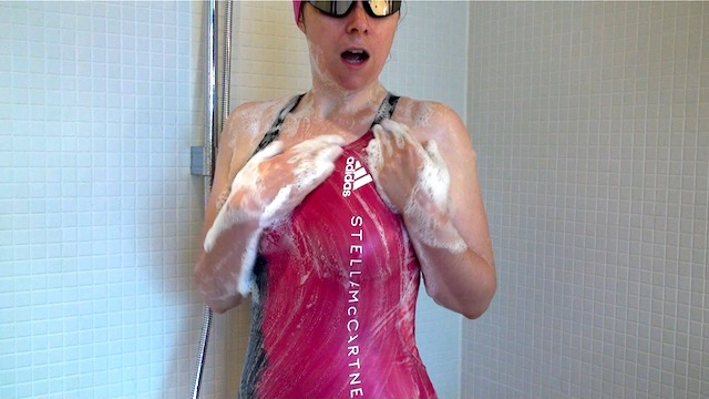 Red StellaMcCartney swimsuit shower with ****
